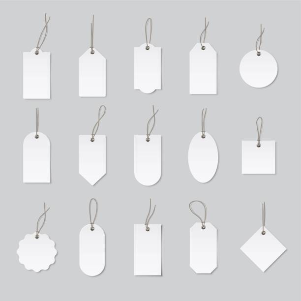 Price or label tags mockup template set. Blank cards and strings for gifts or sales with different shapes: round, rectangle, square. Empty stickers with information message vector illustration Price or label tags mockup template set. Blank cards and strings for gifts or sales with different shapes: round, rectangle, square. Empty stickers with information message vector illustration. untie-rope stock illustrations