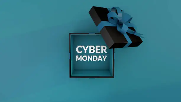 Photo of cyber monday out of the Black gift box. 3D Render