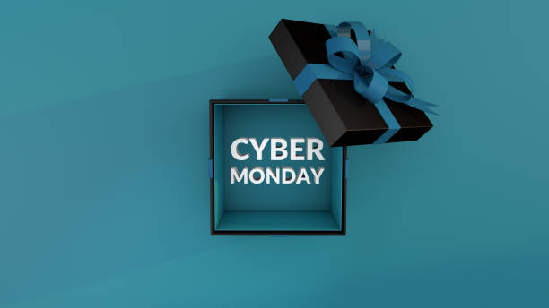 cyber poniedziałek z czarnym pudełku prezentowym. renderowanie 3d - cyber monday zdjęcia i obrazy z banku zdjęć