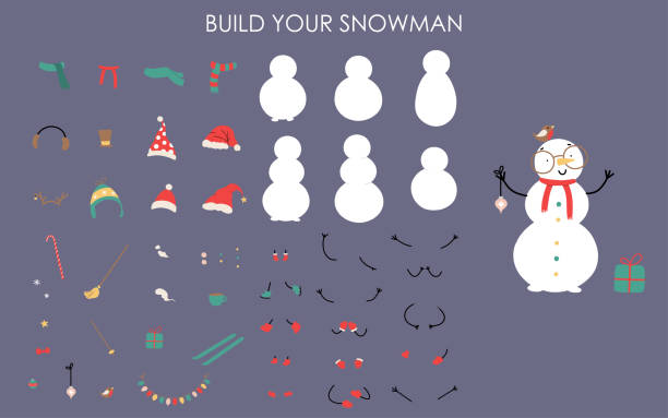 Build your snowman Snowman Christmas construction set. Festive creation element to build your own snowman. Cartoon flat style vector illustration snowman stock illustrations