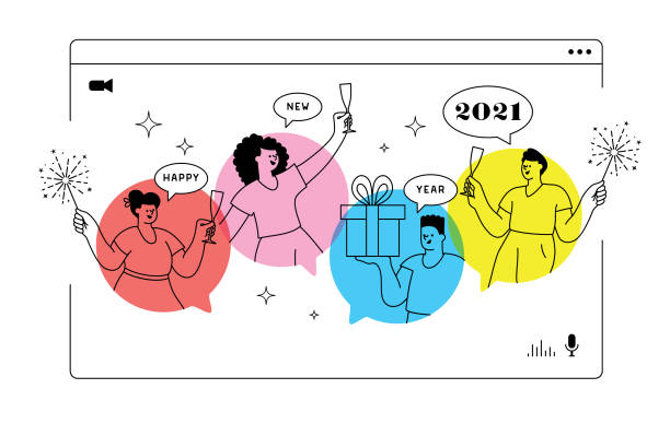 Friends celebrating New Year online.
Editable vectors on layers. This image includes transparencies.