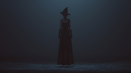 Witch with a Hat Floating Slightly Off the Ground in a foggy void 3d Illustration
