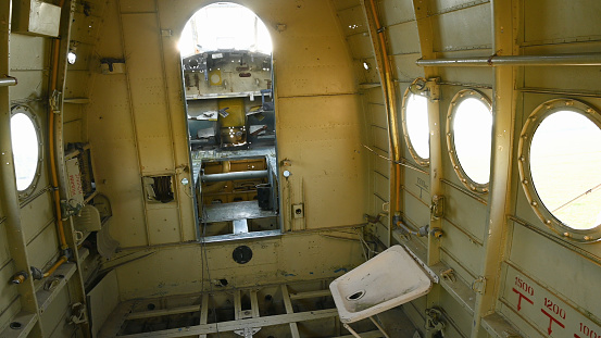 Disassembled plane inside. Old plane for recycling. High quality photo