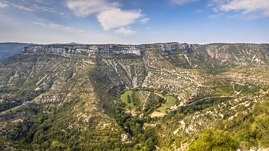 Panorama view of Grand Site of the Circus of Navacelles in Gorges La Vis in Cevennes, Southern France