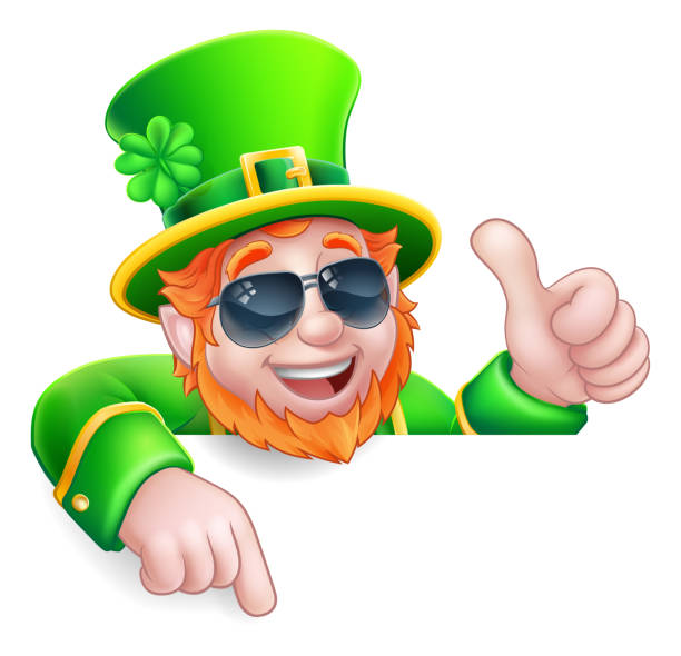 Leprechaun St Patricks Day Cool Cartoon Character A Leprechaun St Patricks Day cartoon character wearing cool sunglasses. Giving a thumbs up, peeking over a sign and pointing at it irish shamrock clip art stock illustrations