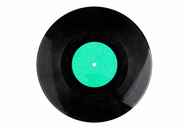 istock Dirty heavily scratched destroyed vinyl record template, disc with a empty, blank light blue label isolated on white, copy space. Simple cut out vintage retro vinyl disk, grunge 1282325248