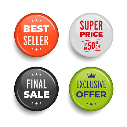 Set of glossy sale buttons or badges. Circled badging button. Product promotions. Best saler, super price, exclusive offer.