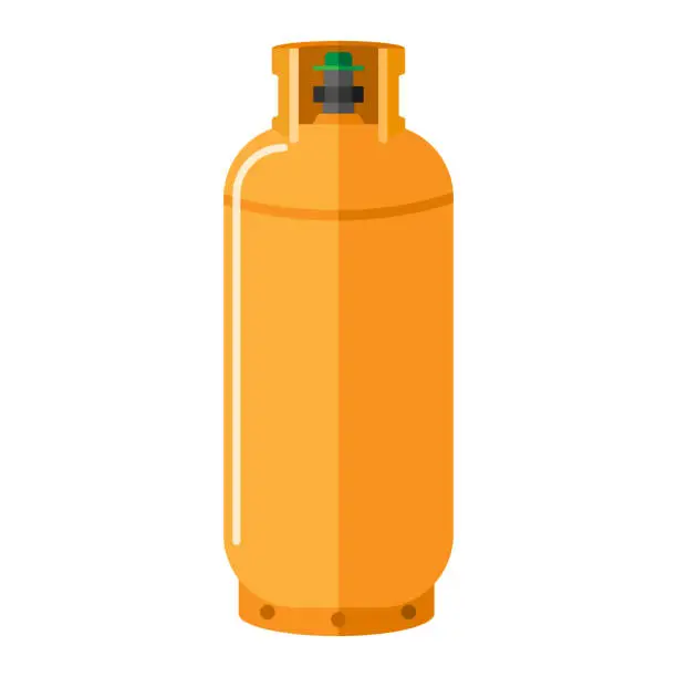 Vector illustration of Gas cylinder isolated on white background. Contemporary canister fuel storage. Yellow propane bottle with handle icon container in flat style