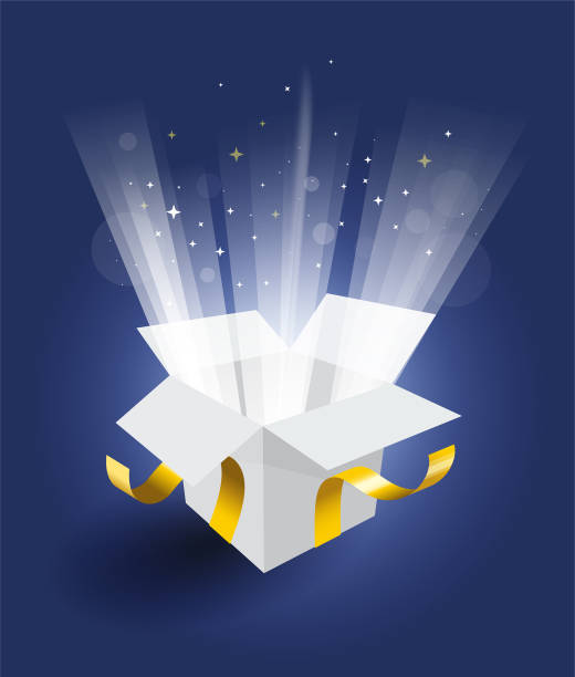 magische geschenkbox auf blauem hintergrund - blank paper bag packaging package stock-grafiken, -clipart, -cartoons und -symbole
