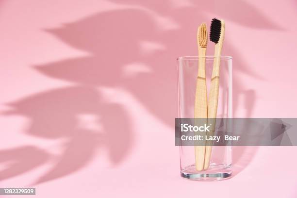 Bamboo Toothbrushes In The Glass And Leaf Shadows On Pink Background Stock Photo - Download Image Now