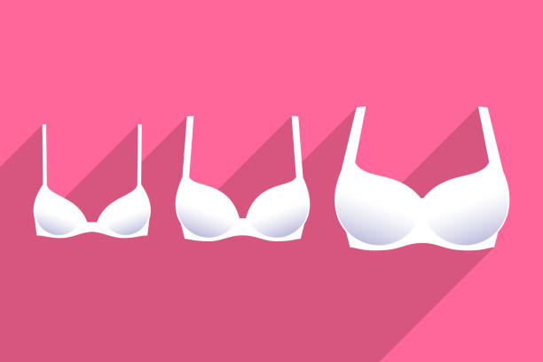 Three white brassieres with cups of different sizes Three white brassieres with cups of different sizes over bright pink background. Lingerie for small, medium and large female breasts. Diversity of bra sizes, fashion trends bra stock illustrations