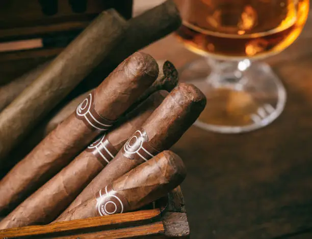 Cigars, luxury smoking concept. Cuban cigars in a wooden box, blur glass of cognac brandy, closeup view with details, copy space