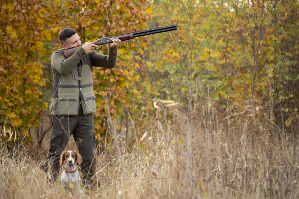 istock Hunter with Russian spaniel dog in autumn forest. 1282331337
