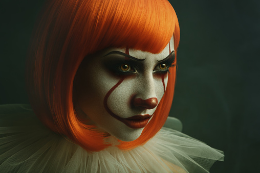Portrait of young female with clown make-up. Halloween celebration. Pennywise faceart.