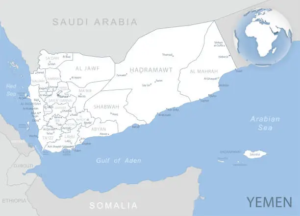 Vector illustration of Blue-gray detailed map of Yemen administrative divisions and location on the globe.