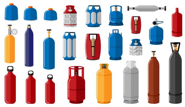 ilustrações de stock, clip art, desenhos animados e ícones de set different gas cylinder on white background. equipment for safe shipping gas - botija de gas