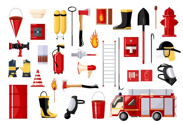 Vector illustration of Set of fireman on white background. fire fighting vehicle and hydrant, helmet, hose, extinguisher, ladder, gas mask. Flat style .