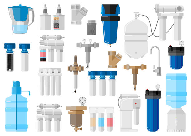 ilustrações, clipart, desenhos animados e ícones de kit filtro de água em fundo branco em estilo plano. definir equipamentos para processos com tecnologias especiais modernas purificação de água - distilled water