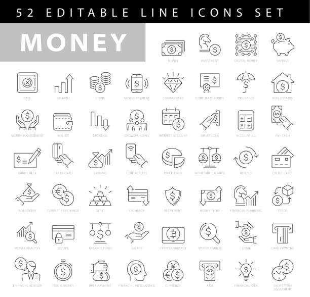ilustraciones, imágenes clip art, dibujos animados e iconos de stock de iconos de línea de trazo editables de dinero - finanzas