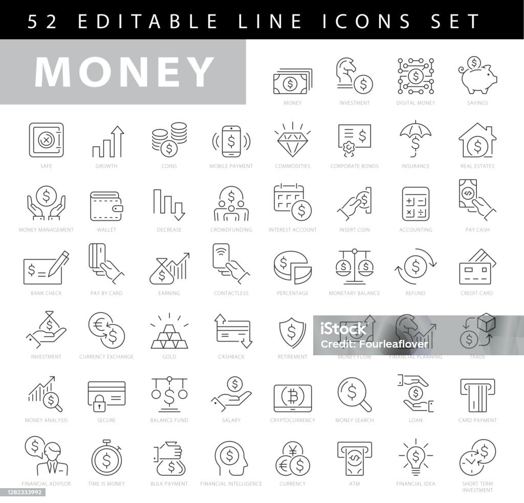 Money Editable Stroke Line Icons Icon stock vector