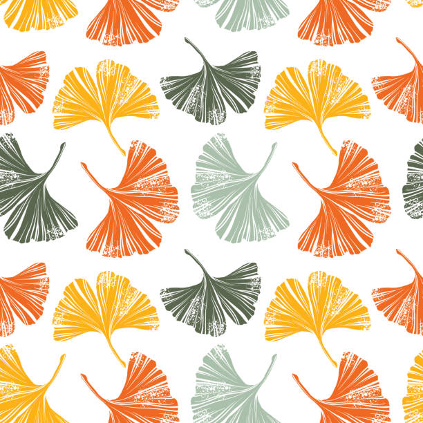 ilustraciones, imágenes clip art, dibujos animados e iconos de stock de linocut woodcut ginkgo leaf retro seamless pattern - vector eps10 ilustración - ginkgo ginkgo tree chinese medicine healthcare and medicine