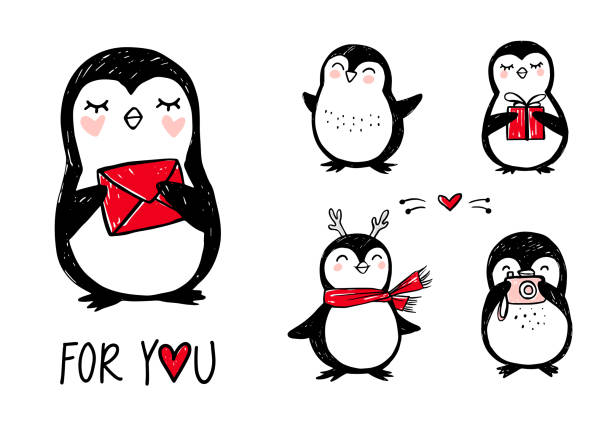 istock Doodle penguins, hand drawn set of funny animals. Vector Penguin character in sketch style. 1282336886
