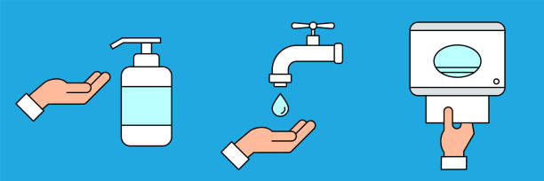 Hand washing procedure color icon. How to wash hands safely instructions. Steps: use soap, scrub, rinse and dry. Soap dispenser, faucet and paper towels. Vector illustration, flat style, clip art paper towel stock illustrations