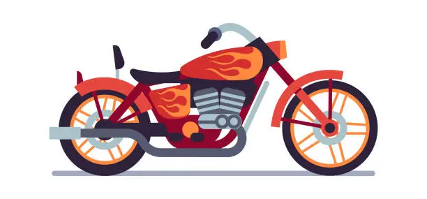 Vector illustration of Motorbike. Red biker motorcycle with flame graffiti, classic vehicle for road racing, speed race modern style moped travel and sport motocross flat vector motor transport illustration