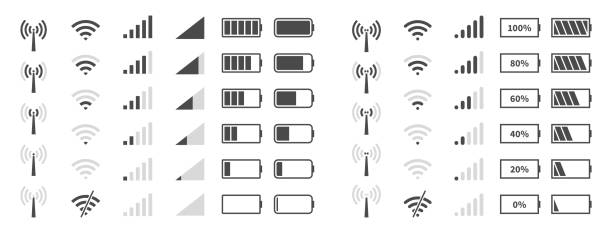 уровень сигнала wi-fi. аккумулятор заряда черный знак, мобильная сеть и антенна статус интернет-индикатор беспроводной загрузки, система пит� - беспроводная технология stock illustrations