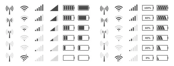 Vector illustration of Wifi signal level. Battery charge black sign, mobile network and antenna status internet indicator wireless loading, system power timely completion pictogram, vector isolated icons