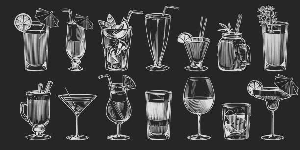 Hand drawn cocktails. Sketch cocktail set on black background chalk drawing style alcohol drink in glass for party restaurant or cafe menu pina colada and margarita vector collection Hand drawn cocktails. Sketch cocktail set isolated on black background chalk drawing style alcohol drink in glass for party restaurant or cafe menu tropical pina colada and margarita vector collection margarita illustrations stock illustrations