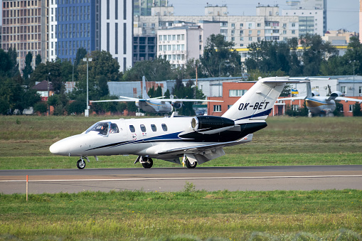 Kyiv, Ukraine - September 4, 2020: Cessna 525 CitationJet M2 is landing in the airport