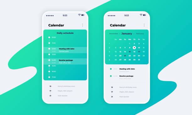 1910.m30.i020.n061.s.c12.1284023503 календарь приложение. интерфейс приложения телефона с концепцией календаря, расписанием и дизайном напоминания. векто� - android telephone mobile phone application software stock illustrations