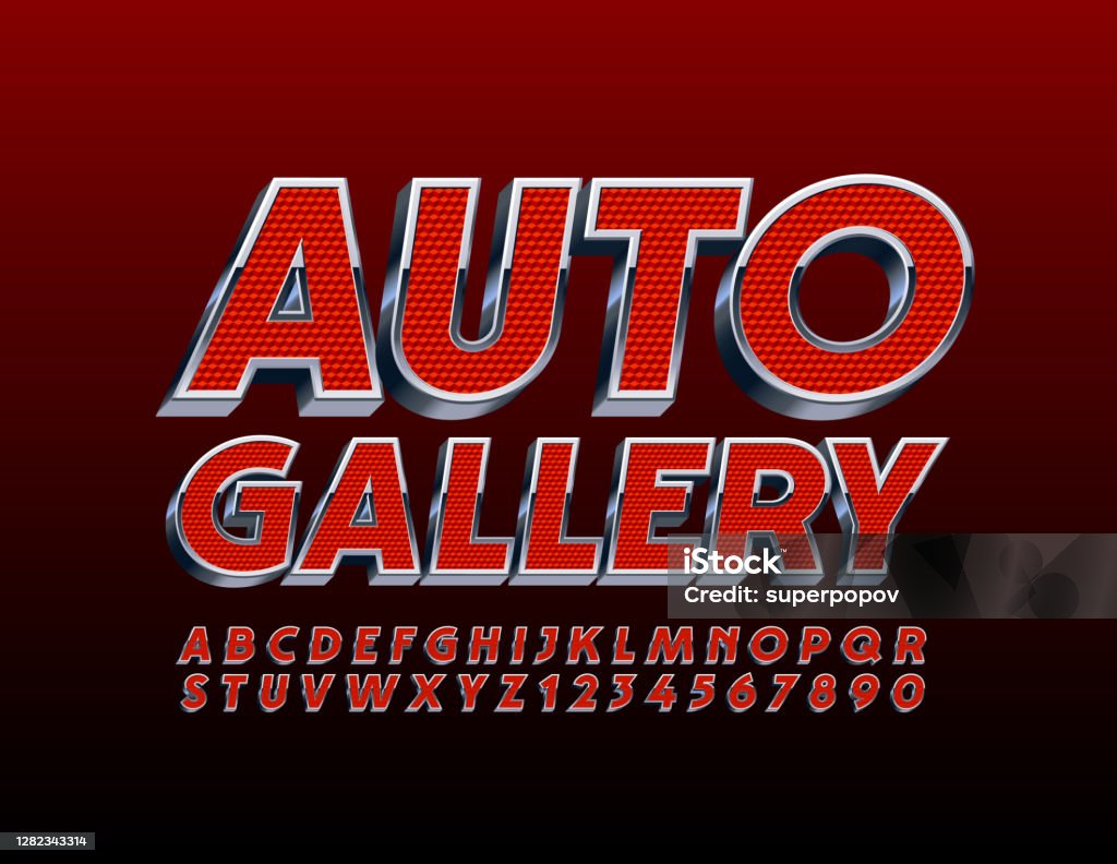 Vector modern banner Auto Gallery with Red and Metal Alphabet Letters and Numbers 3D industrial Font Car Show stock vector