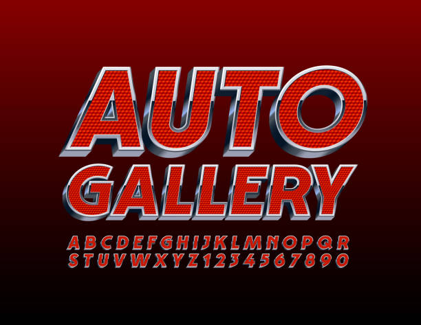 Vector modern banner Auto Gallery with Red and Metal Alphabet Letters and Numbers 3D industrial Font car show stock illustrations