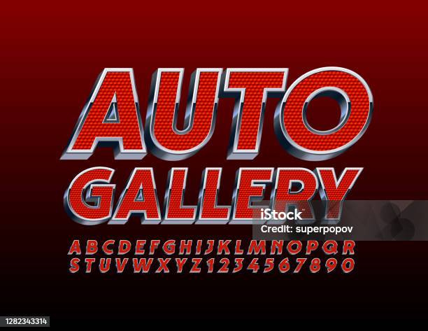 Vector Modern Banner Auto Gallery With Red And Metal Alphabet Letters And Numbers Stock Illustration - Download Image Now