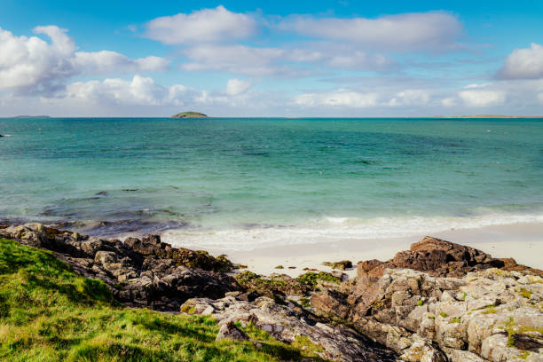 Prince's Beach on the island of Eriskay, part of the Outer Hebrides of Scotland. In Gaelic, Coilleag a'Phrionnsa, it is where Bonnie Prince Charlie landed from France to lead the Jacobite Rebellion of 1745. The island on the horizon is Lingay.