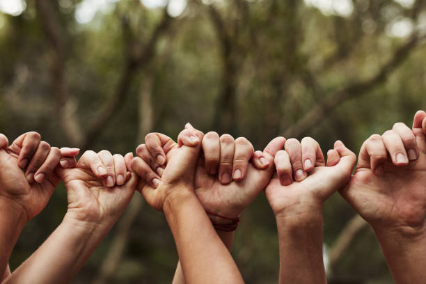 Pinky swear, I’ll always be there Cropped shot of a group of unrecognisable people linking fingers out in nature racial equality photos stock pictures, royalty-free photos & images