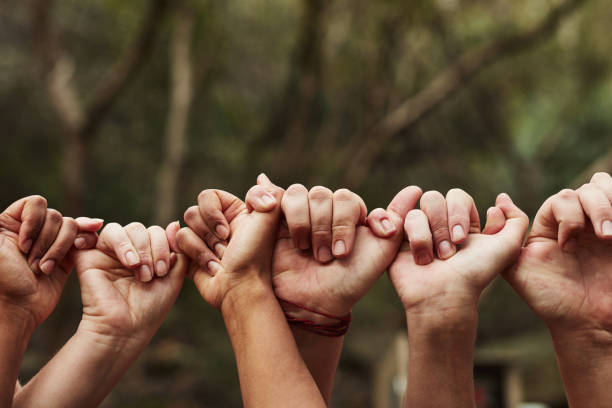 We’re all linked in this life Cropped shot of a group of unrecognisable people linking fingers out in nature racial equality photos stock pictures, royalty-free photos & images