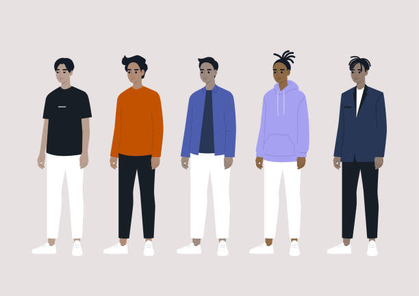 illustrations, cliparts, dessins animés et icônes de un groupe diversifié de personnages masculins : asiatique, arabe, caucasien, noir - full length