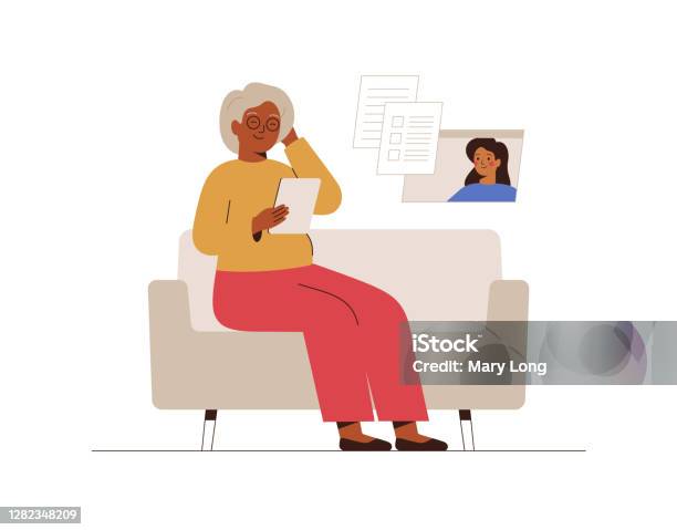 Online Doctor Or Medical Service Concept African Senior Woman Has A Video Consultation On Health Issues With Her Doctor Or Social Worker Stock Illustration - Download Image Now