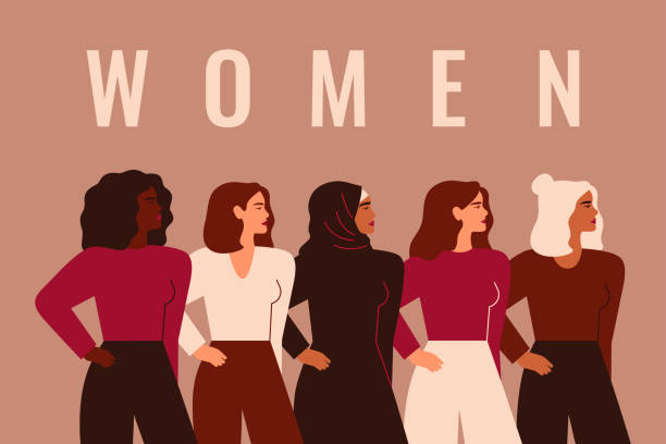 illustrazioni stock, clip art, cartoni animati e icone di tendenza di cinque donne e ragazze forti di diverse nazionalità e culture stanno insieme. unione di femministe o sorellanza. concetto di uguaglianza di genere e movimento di emancipazione femminile. - free standing illustrations