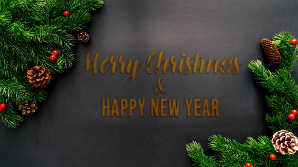 istock Christmas pine tree with xmas decoration on black background 1282350506