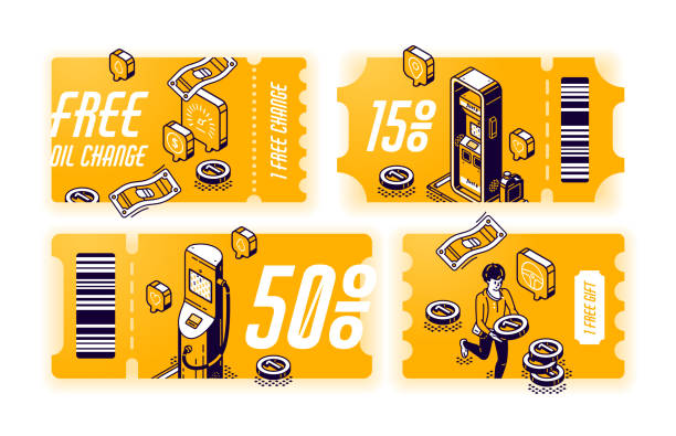 ilustrações de stock, clip art, desenhos animados e ícones de yellow coupons for free oil change - isometric gas station transportation car