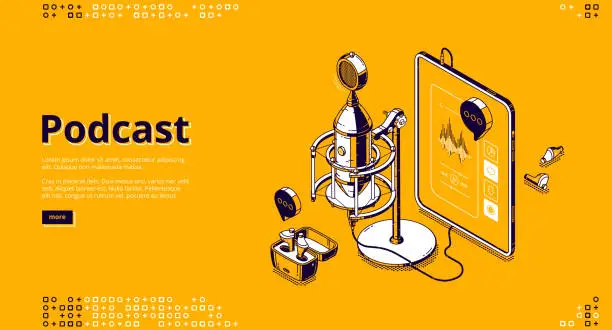 Vector illustration of Podcast isometric landing page, radio or music