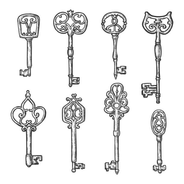 illustrazioni stock, clip art, cartoni animati e icone di tendenza di antiche chiavi vintage con ornamenti, schizzo - skeleton key