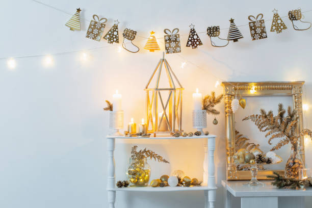 istock Christmas golden decor in white interior 1282352171