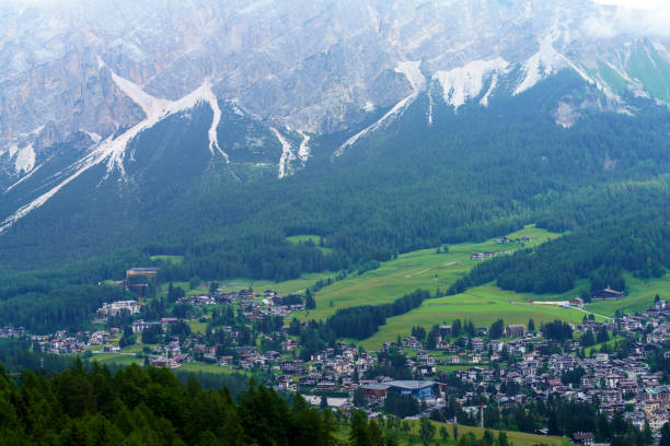 Mountain landscape at summer along the road to Giau pass, Dolomites, Belluno province, Veneto, Italy.. Panoramic view of Cortina d Ampezzo