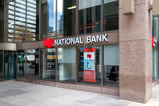 Toronto, Canada - May 16, 2020: National Bank of Canada in Toronto’s financial district; National Bank of Canada is sixth largest commercial bank in Canada.
