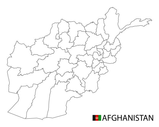 illustrazioni stock, clip art, cartoni animati e icone di tendenza di mappa dell'afghanistan, regioni di contorno dettagliate in bianco e nero del paese. - kandahar